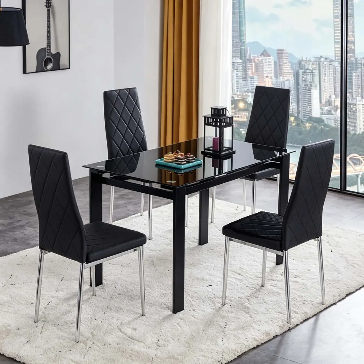 【Bellemave】5 Pieces Dining Table Set for 4,Kitchen Room Tempered Glass Dining Table ,4 Faux Leather Chairs ,Black 【Bellemave】5 Pieces Dining Table Set for 4,Kitchen Room Tempered Glass Dining Table ,4 Faux Leather Chairs ,Black