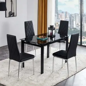 【Bellemave】5 Pieces Dining Table Set for 4,Kitchen Room Tempered Glass Dining Table ,4 Faux Leather Chairs ,Black 【Bellemave】5 Pieces Dining Table Set for 4,Kitchen Room Tempered Glass Dining Table ,4 Faux Leather Chairs ,Black