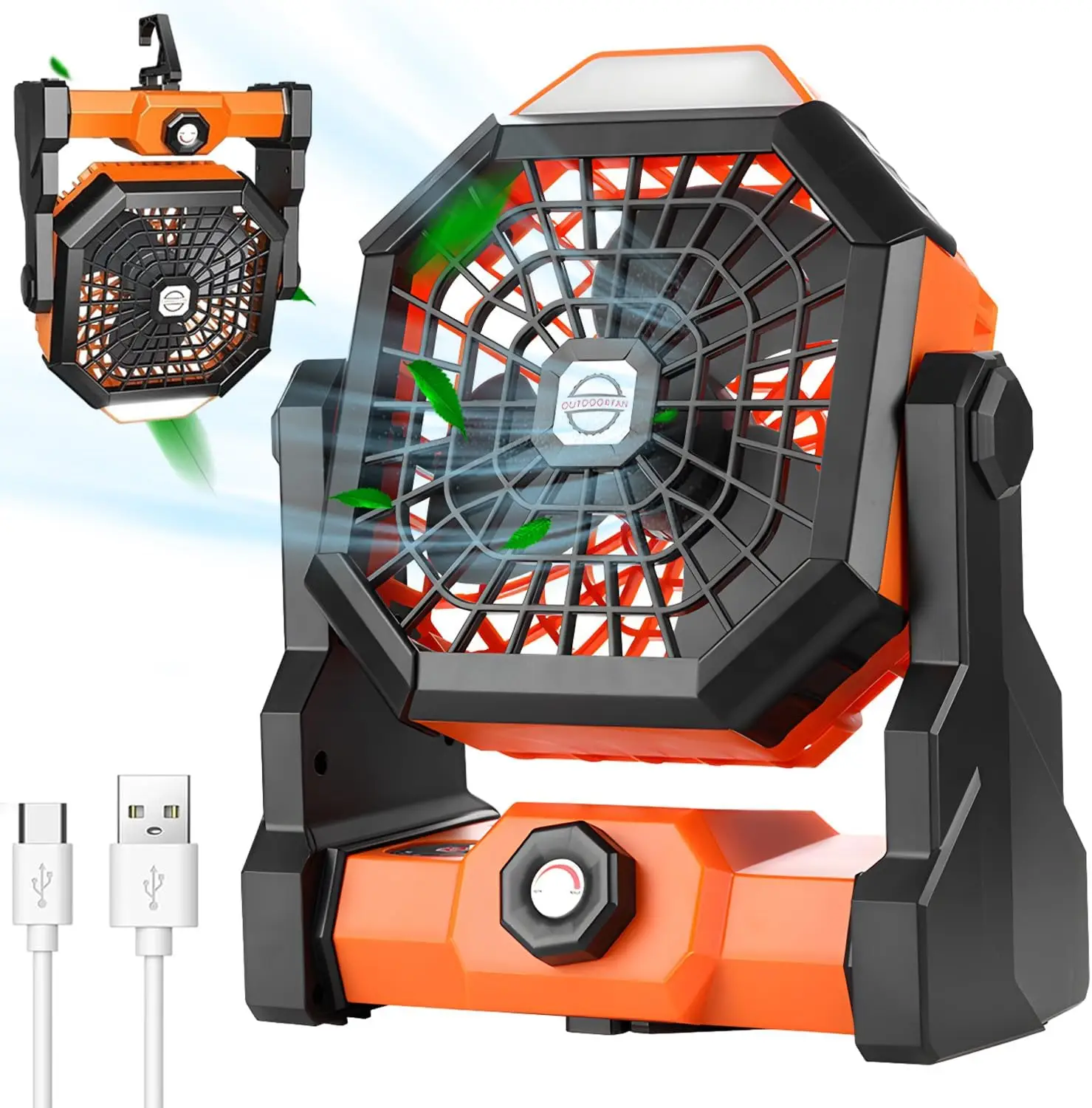 EVEREASY Camping Fan with LED Lantern, 9in 270°header Rotation Battery Operated USB Fan, Stepless Speed Rechargeable Portable Quiet Fan for Camping, T