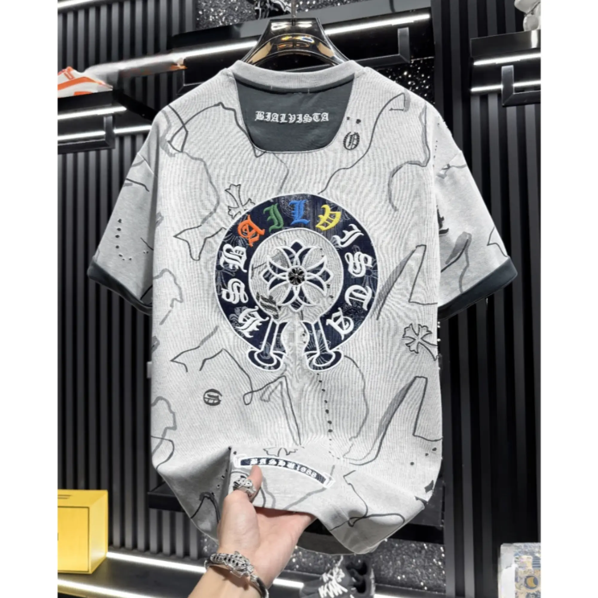 Men's Chrome Hearts T-Shirt Premium Oversized with Embroidered Logo, Burnout Effect, and Panel Detailing