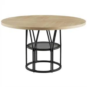 Space-Saving 47" Round Dining Table with Storage Shelf - Modern Industrial Style - Sturdy Metal Frame - Seats 4–6 - Compact Apartment or Office Furniture - Black Wood Grain
