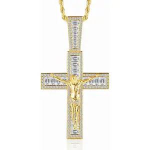 Mens Womens Crucifix Necklace Jesus Cross Chain Iced Out Baguette REAL White Gold/ 18K Gold/Rose Gold Plated Christian Large Pendant (Give 3mm 24inch Gold Plating Rope Chain)