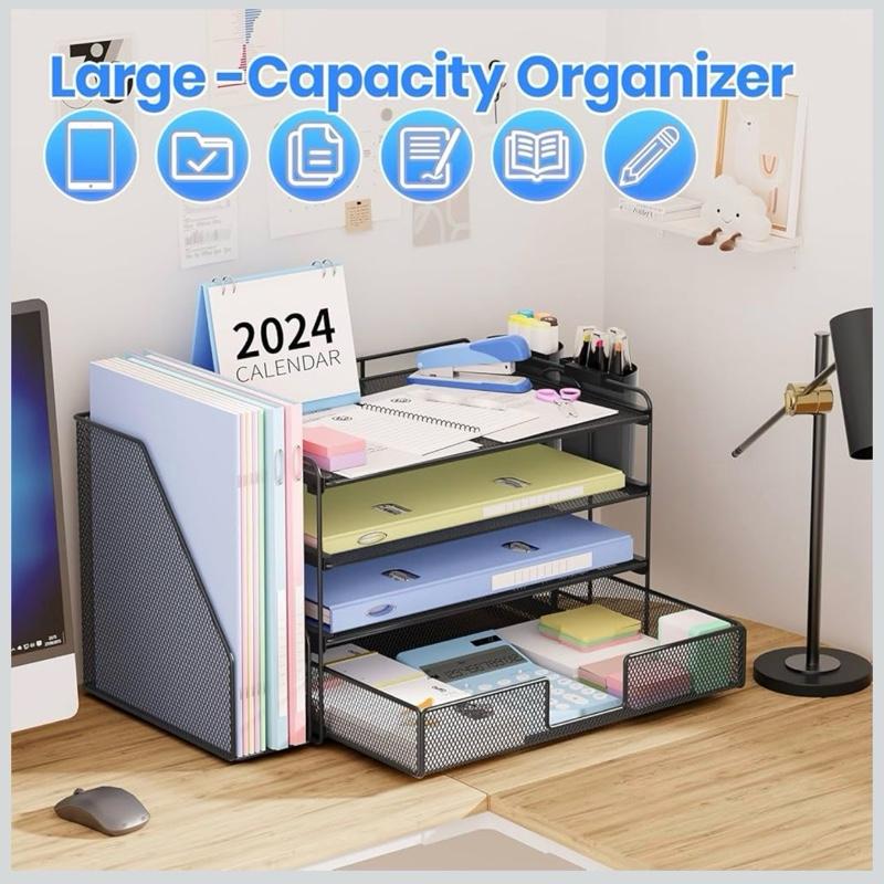 OPNICE Desk Organizer, 4-Tier Desktop File Organizer with Drawer and 2 Pen Holders, Office Desk Accessories, File Sorters, Workspace Organizers for Office Supplies(Black)