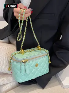 Women's Solid Color PU Rhombus Grid Square Bag, Fashion Braided Chain Shoulder Crossbody Phone Bag, Trendy Crossbody Bag, Ideal for Shopping and Gifts