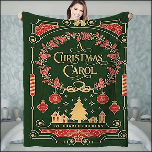 Christmas blanketCharles Dickens' A Christmas Carol Book-Themed Luxury Plush Fleece Blanket - All-Season Soft Bedspread with Iconic Characters & Classic Cover Design, Green & Golden Literary Gift for Fans-Christmas blanket gift