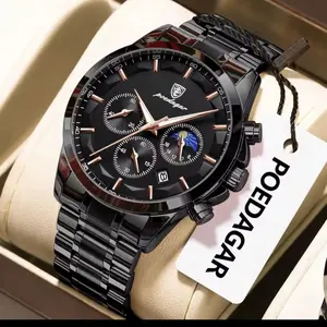 Black Stainless Steel Chronograph Men's Watch with Rose Gold Accents and Date Display
