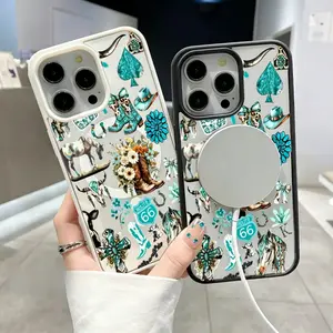 MagSafe Case For IPhone 17 Pro Max 16 Plus 15 14 13 12 11 Air E Cowboy Cactus Caper Pattern Acrylic Back TPU Edges Shockproof Ultra Thin Mobile Phone Cover Gift For Boy