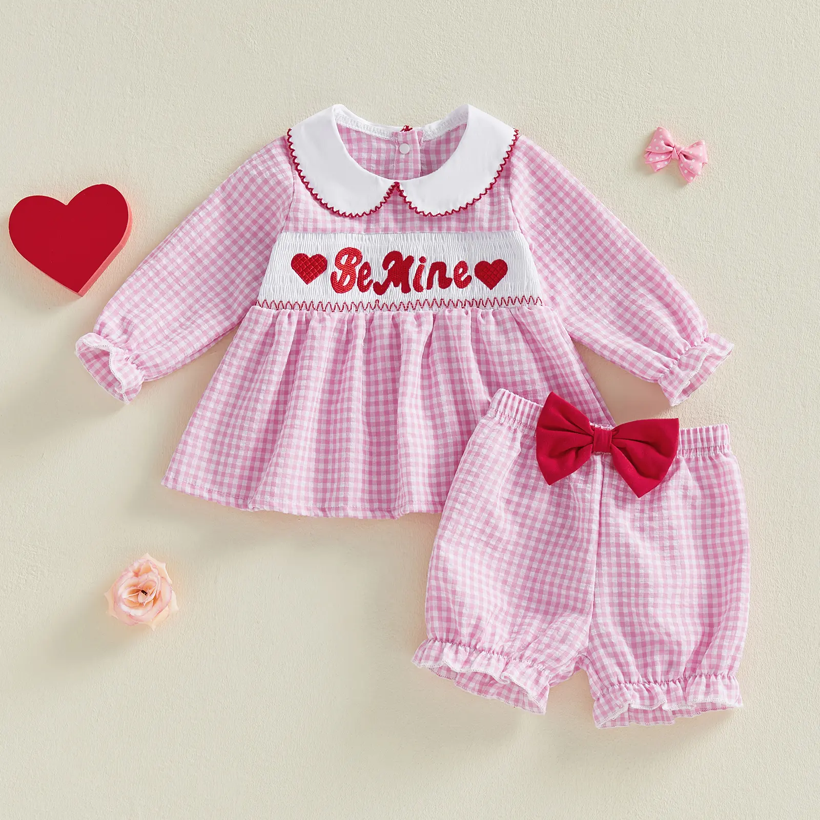 Toddler Baby Girl Valentines Outfit Embroidered Plaid A Line Doll Collar Long Sleeve Tops and Shorts Spring Summer Set 3M-3Y