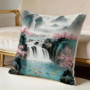 1 Piece Chinese Landscape Waterfall Koi Fish Throw Pillow, Cherry Blossom Accent Pillow, 18x18 Inch HD Digital Print Decorative Cushion with Zipper for Living Room Bedroom Sofa Recliner