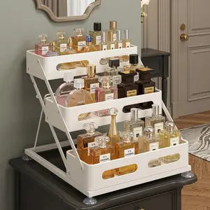 3-tier folding metal display rack with railing for perfumes, fragrances, figurines, skincare products, makeup, cosmetics, and spices—versatile storage for vanities, bathrooms, kitchens, and closet organization. #SummerVibes