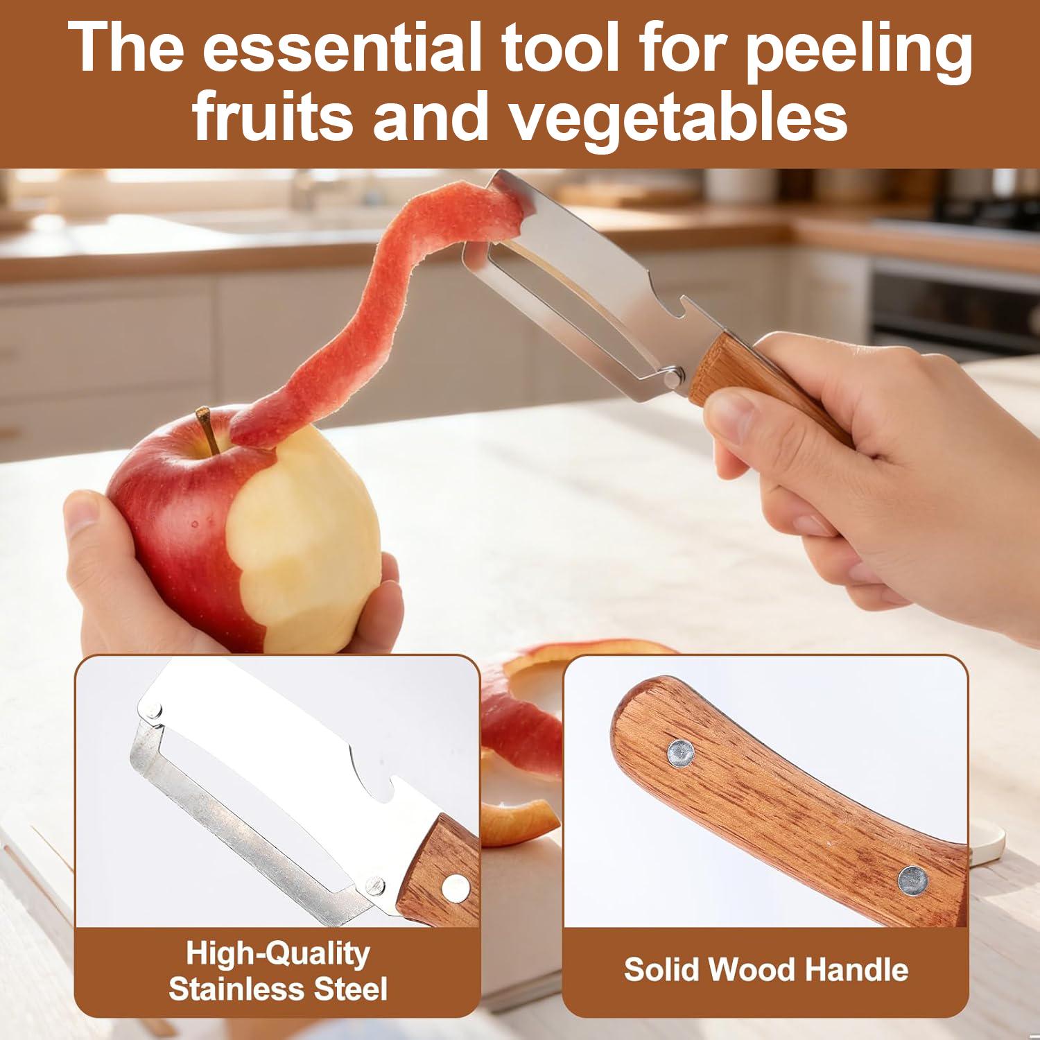 2-in-1 Peeler with Bottle Opener | Sharp Stainless Steel Fruit & Veggie Peeler, Wooden Ergonomic Non-Slip Handle