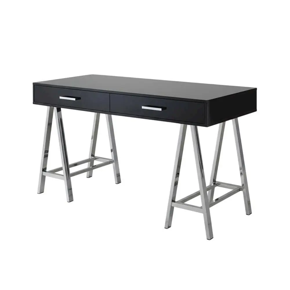 Black High-Gloss and Chrome Finish Commercial Office Desk with Built-In USB Port, Contemporary