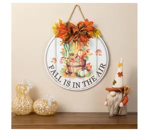 Glitzhome 15"D Fall Wooden Round Word Sign DoorHanger