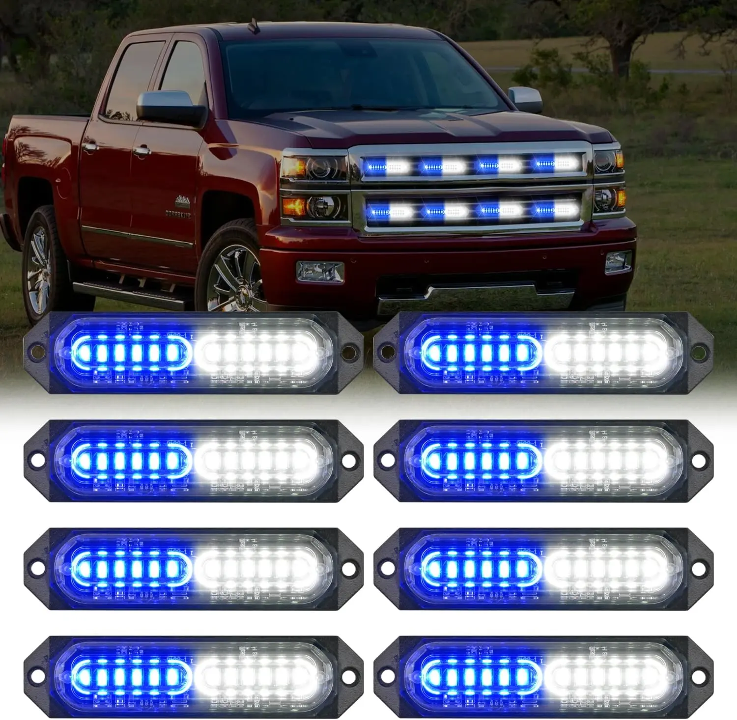 Nilight 8PCS 12LED Strobe Light Kit - 12/24V DC Blue and White High-Vis Modules, Ultra Slim, Sync Feature, Multiple Flashing Modes, Aluminum Base, Easy Wiring Mini Surface Mount Grille for Cars, Off-Road Vehicles, Campers, Tractors