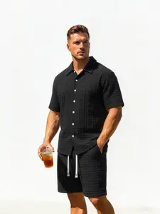 Men's 2 Piece Outfit, Textured Knit Button Down Shirt & Shorts Set for Summer