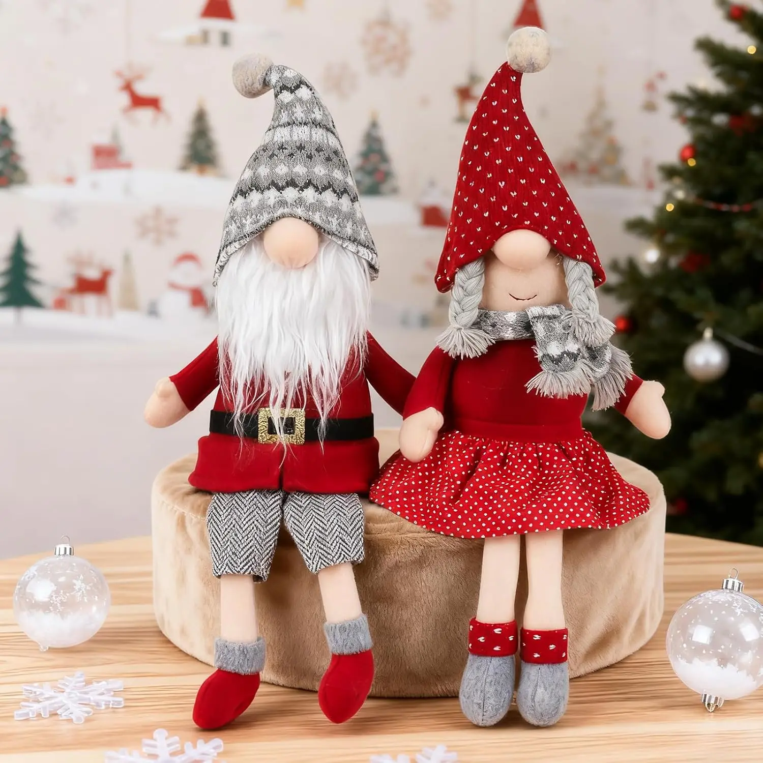 2PCS Christmas Gnomes Plush Decorations - Mr and Mrs Swedish Santa Gnome Dolls with Dangling Legs, Xmas Table Fireplace Shelf Sitters Decorations Sitting Figurines Ornament for Indoor Home Decor