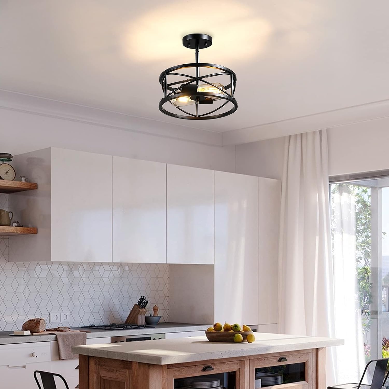 Farmhouse Semi Flush Mount Ceiling Light Fixtures, 11.8" 2-Light Black Industrial Metal Cage Lighting for Hallway Kitchen Entryway Bedroom
