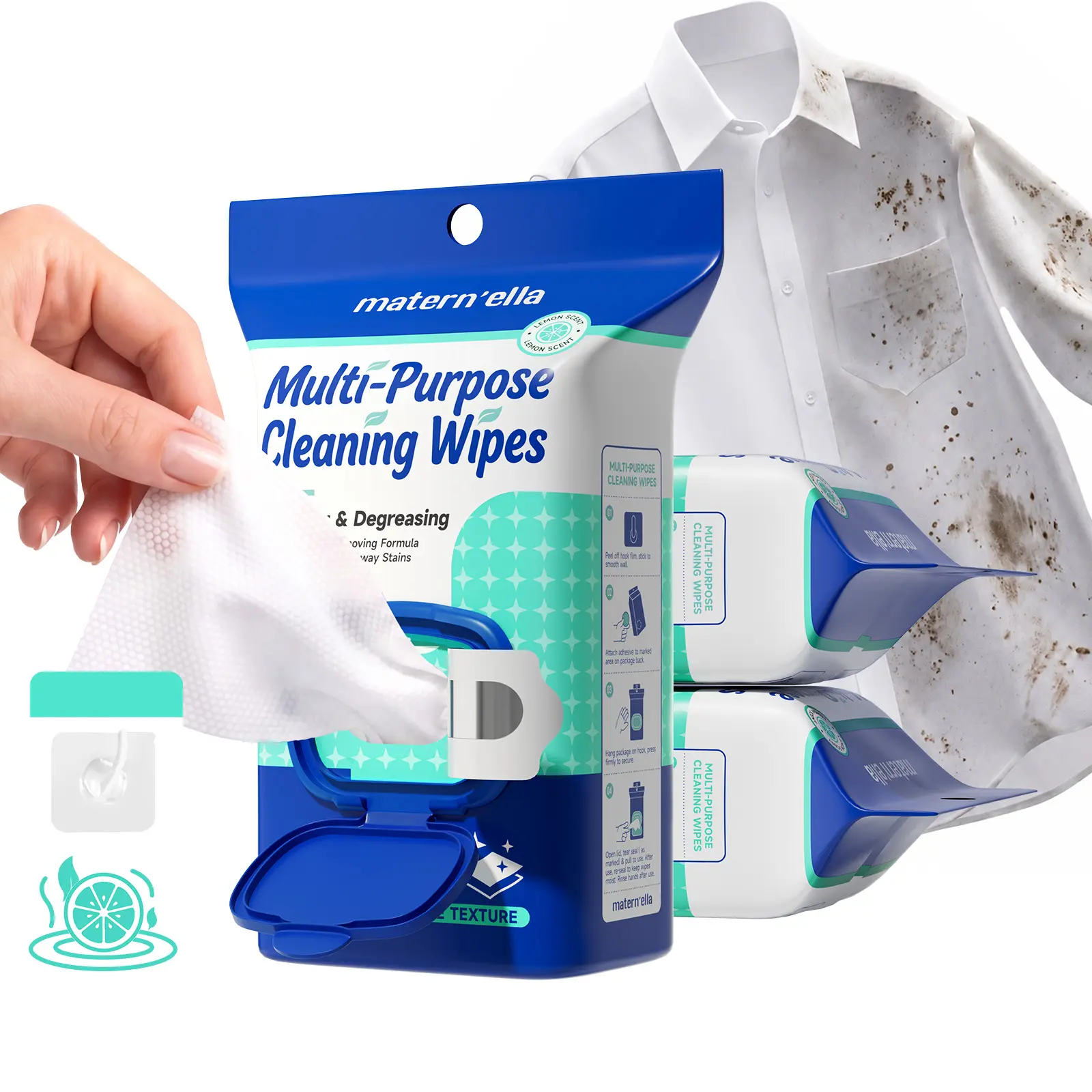 Matern'ella Hanging Multi-Purpose Lemongrass Scented Household Cleaning Wipes, 60ct - Dual-Side Textured, No-Rinse Kitchen Degreaser, Deep Stain Remover for Counters & Appliances