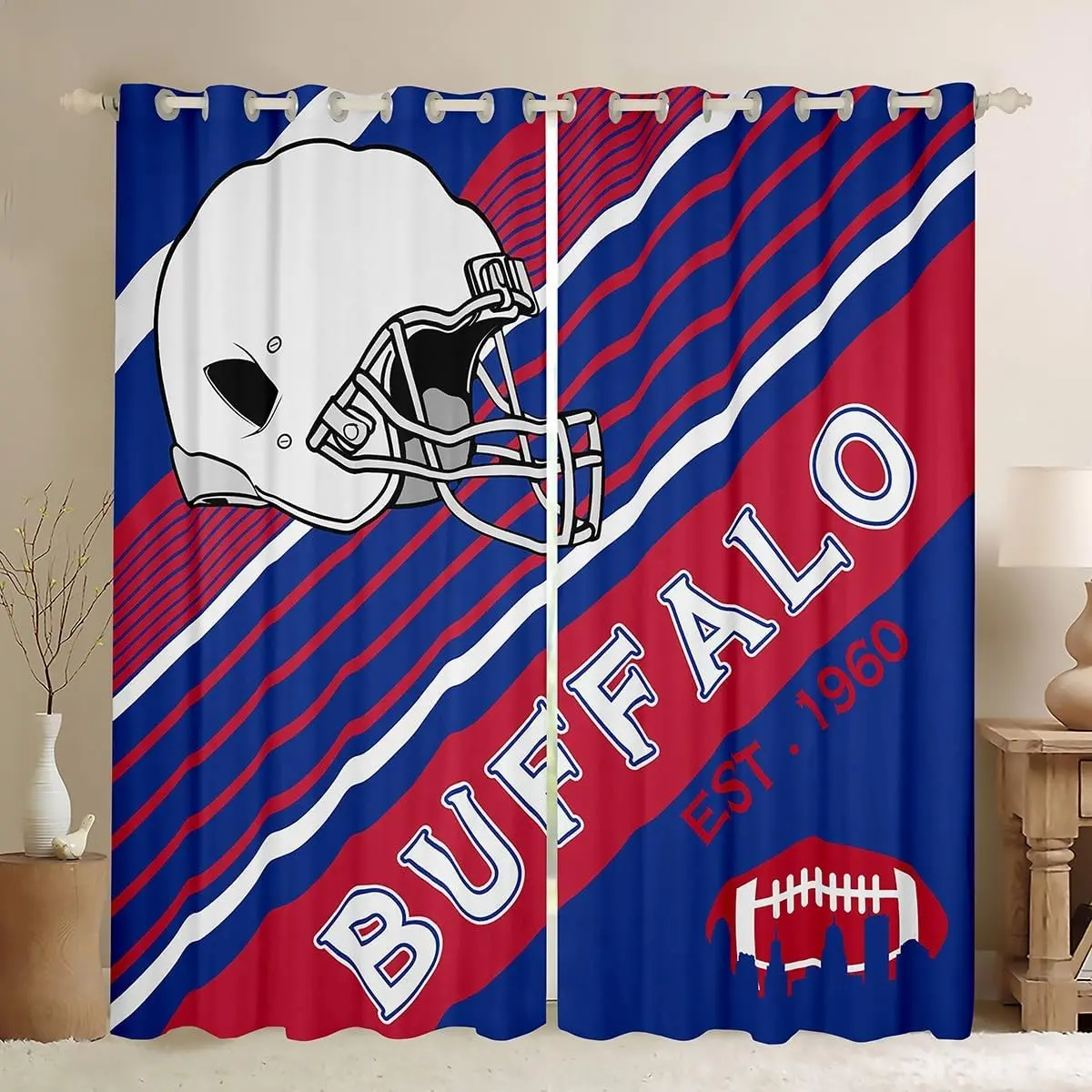 Feelyou Velvet Fabric Blackout Curtains - 2 Panels, 30%-50% Light Blocking, Multi-Size, Blue Red Rugby Helmets Design, Living Room Sports Team Window Curtains, Two Panels