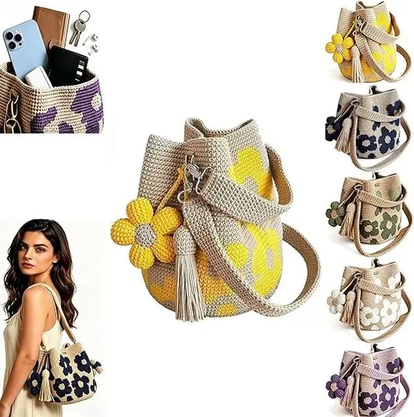 Handmade Crochet Crossbody Bucket Bag for Adults, Boho Floral Woven Purse with Tassel Charm, Adjustable Strap, Slip-On Design, Cottagecore Style, All-Seasons Sports & Outdoor Gym Accessory