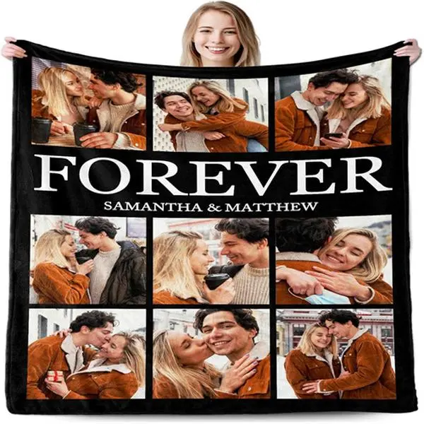 Customized Photo Blanket with Text - Durable, Machine Washable Commemorative Throw for Couch, Bed - Personalized Romantic Gift for Couples for Wedding, Christmas, Engagement, Thanksgiving, Valentine's Day
