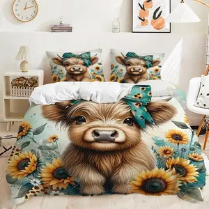 2/3Pcs Cute Highland Cow Pattern Duvet Cover Set, a Stylish Bedding Set Featuring Teal Bows and Leopard Print. Soft and Comfortable, It Provides a Dreamy Sleep Experience. Includes 1 or 2 Pillowcases - No Padding/Zipper Closure. Bed Sets