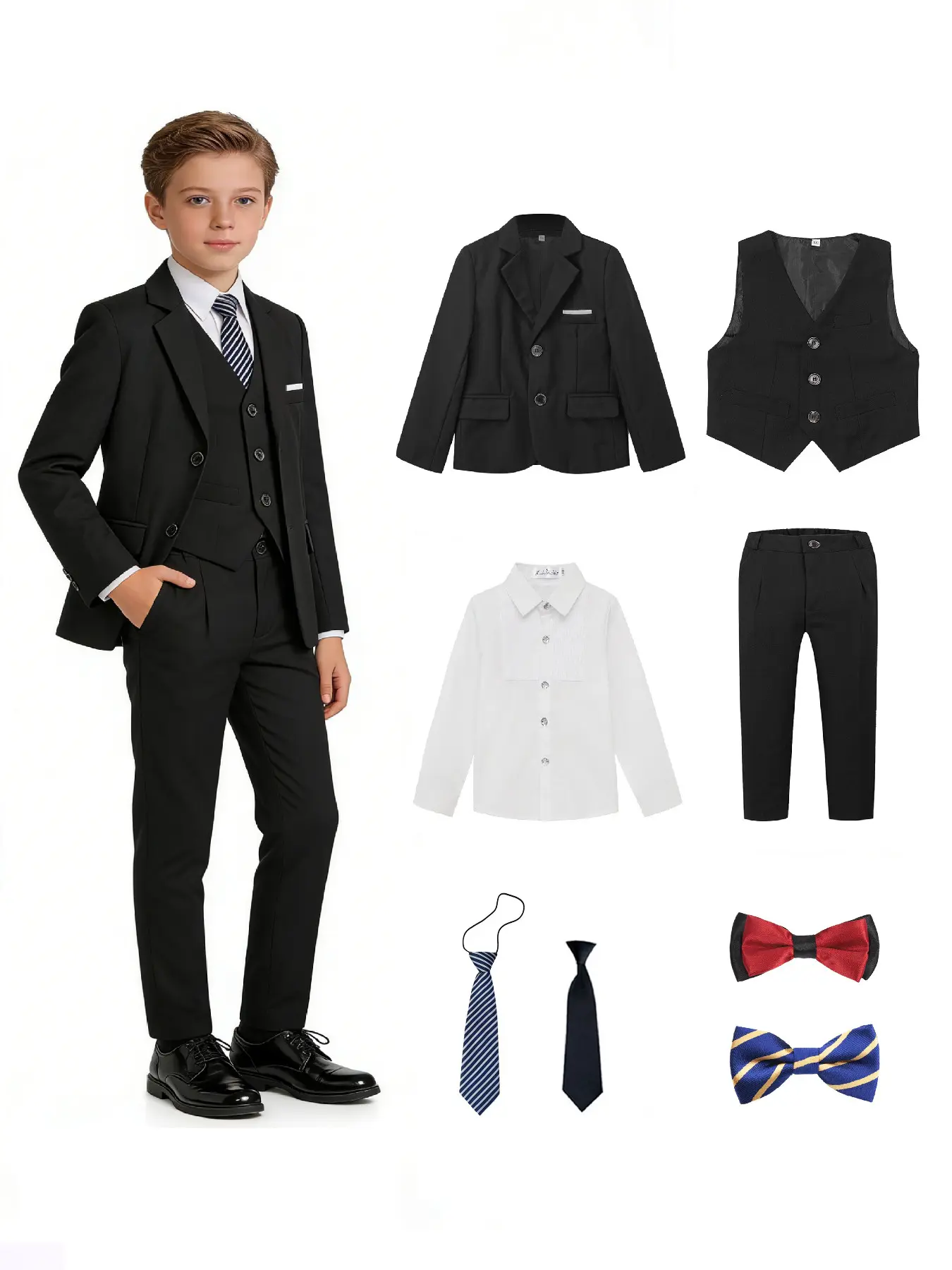 Boys 8-Piece Formal Slim-Fit Suit Outfits Set (Blazer + Vest + Shirt + Pants + 2 Bow Ties + 2 Neckties) | Perfect Gift for Toddlers, Children, Kids, Teens & Young Adults | Ideal for Weddings, Graduations & Church Events - Outfit Sets - 19133