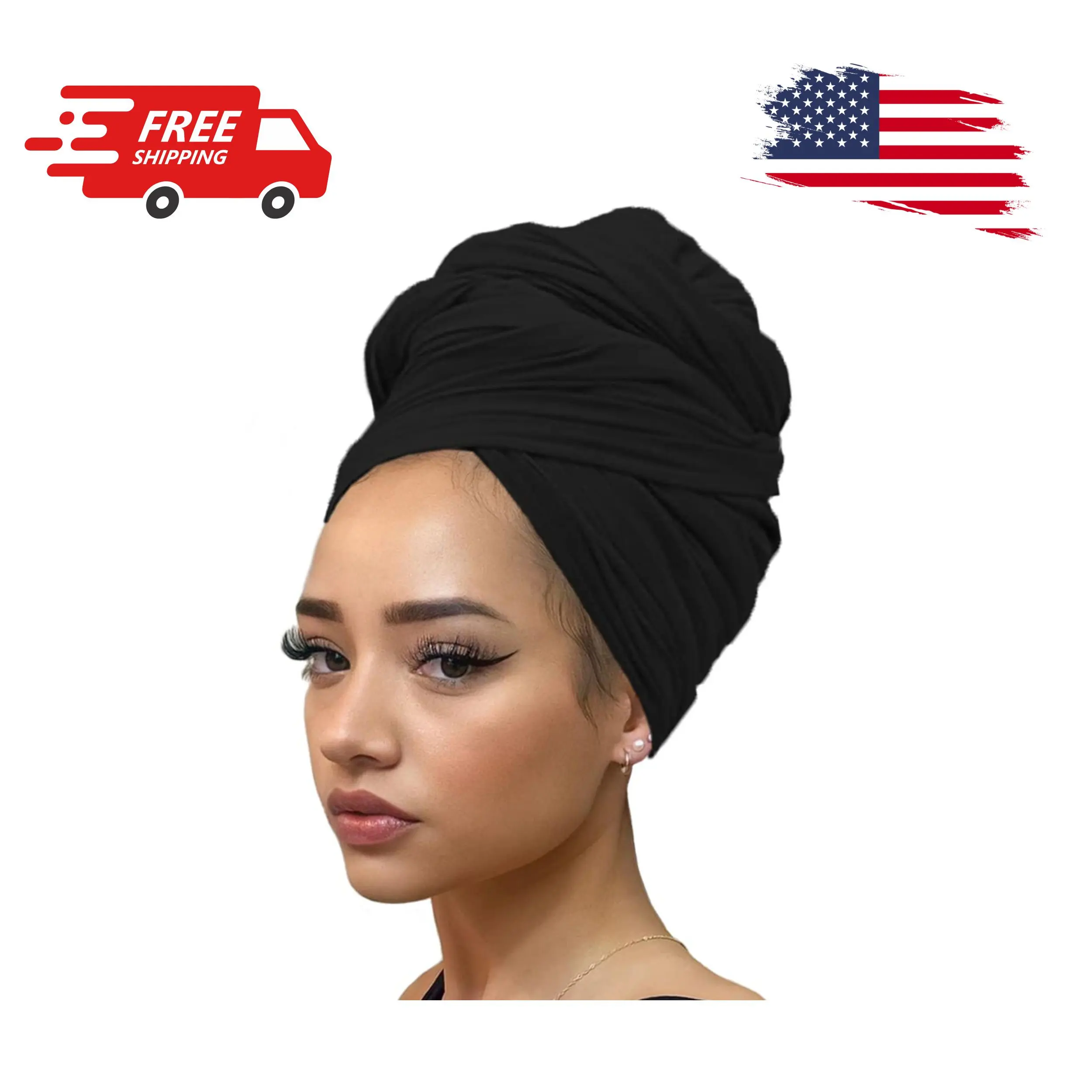Stretch Jersey Turban Head Wraps Long Solid Color African Shawl Hair (Black)
