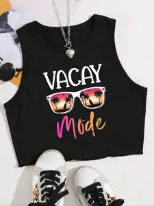 Women's Letter & Tropical Palm Tree Print Round Neck Crop Tank Top, Punk Fashion Casual Cute Sleeveless Top for Daily Holiday Vacation Outdoor Wear, Ladies Clothes for Summer