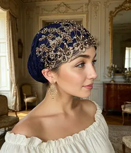 Elegant Beaded Lace Turban Hat for Women - Polyester Jacquard Elastic Headscarf with Drawstring Closure, Dry Clean Only, Featherless, Versatile Style for Ramadan, Chemotherapy, Eid al-Adha & Casual Attire