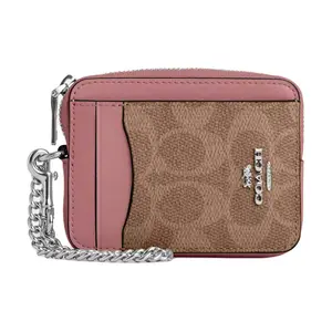 COACH Signature Coated Canvas Mini Cardholder with Silver Hardware in Pink for Women