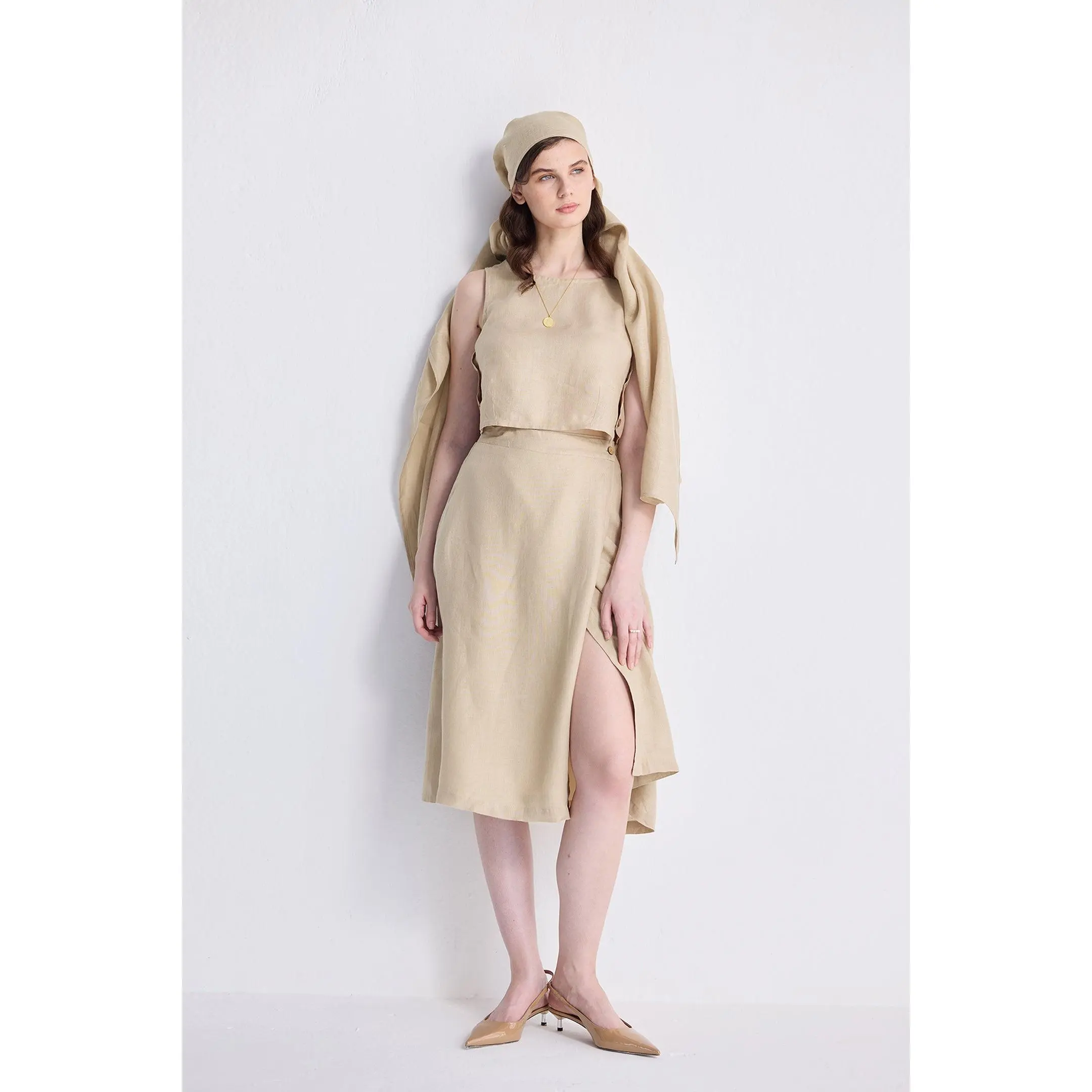 Overlap Midi Skirt in Neutral Beige