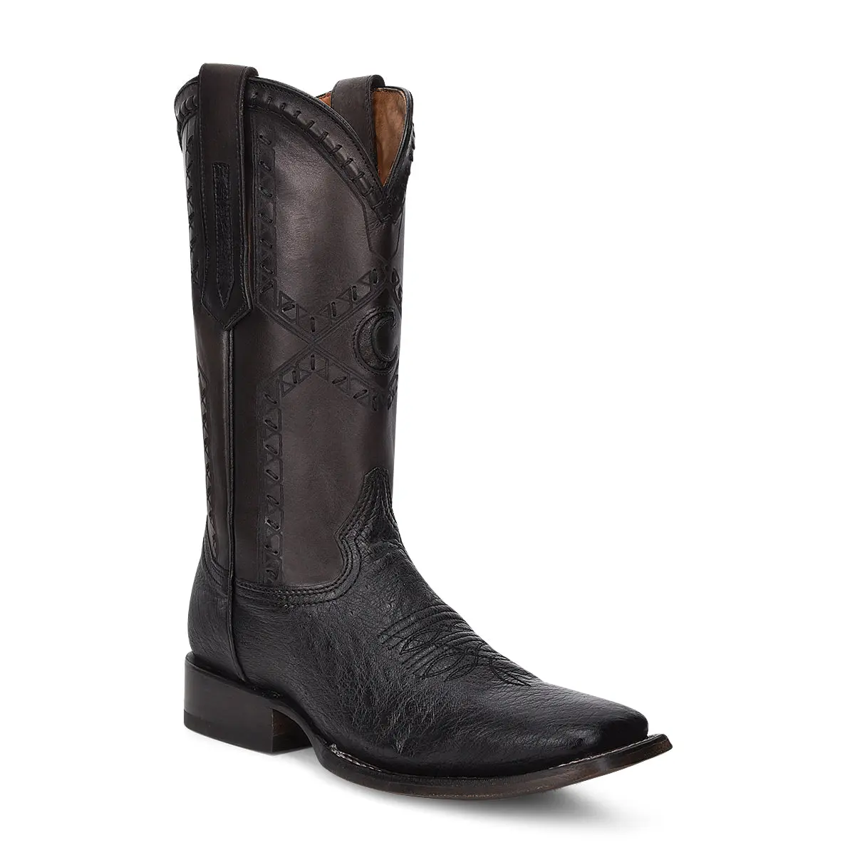 Black Ostrich Laser & Woven Square Toe