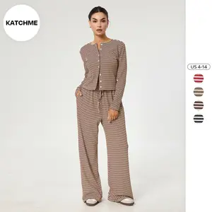 KatchMe Women's Casual Stripe Button Long Sleeve Top & Drawstring Waist Wide Leg Trousers Co-ord, Cozy Two Piece Set for Lady Spring & Fall