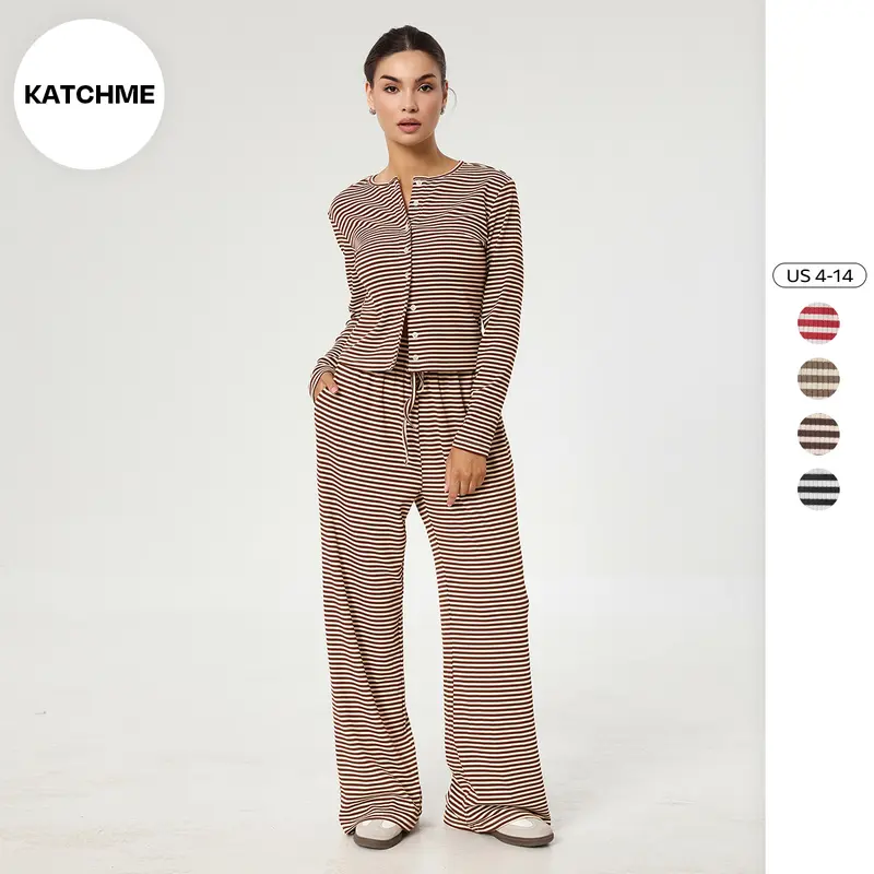 KatchMe Women's Casual Stripe Button Long Sleeve Top & Drawstring Waist Wide Leg Trousers Co-ord, Cozy Round Neck Two Piece Set for Lady Spring & Fall