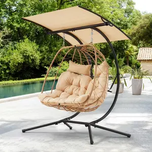 Weave Rattan Hanging Double Egg Chair with Optional Canopy, includes Egg Chair Pillow, Outdoor Patio Wicker Loveseat Hanging Chair, Swinging Chair Seats 580 lbs Capacity for Patio Bedroom Balcony, Beige