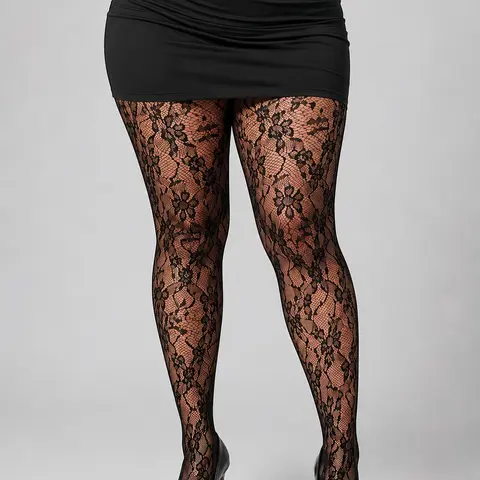 Plus Size Curvy Women Floral Lace Fishnet Tights, Sheer Stretch Mesh Pantyhose, Sexy Slimming Hosiery for Party, Club & Daily Wear