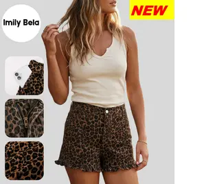Imily Bela Viral Leopard Print High Waisted Denim Shorts, Women's Cute Cotton Summer Shorts with Ruffled Hem, Must-Have Casual Summer Bottoms