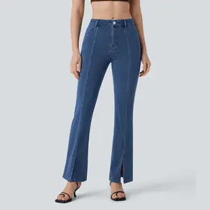 Halara Flex Mid Rise Multiple Pockets Split Washed Stretchy Knit Casual Bootcut Jeans