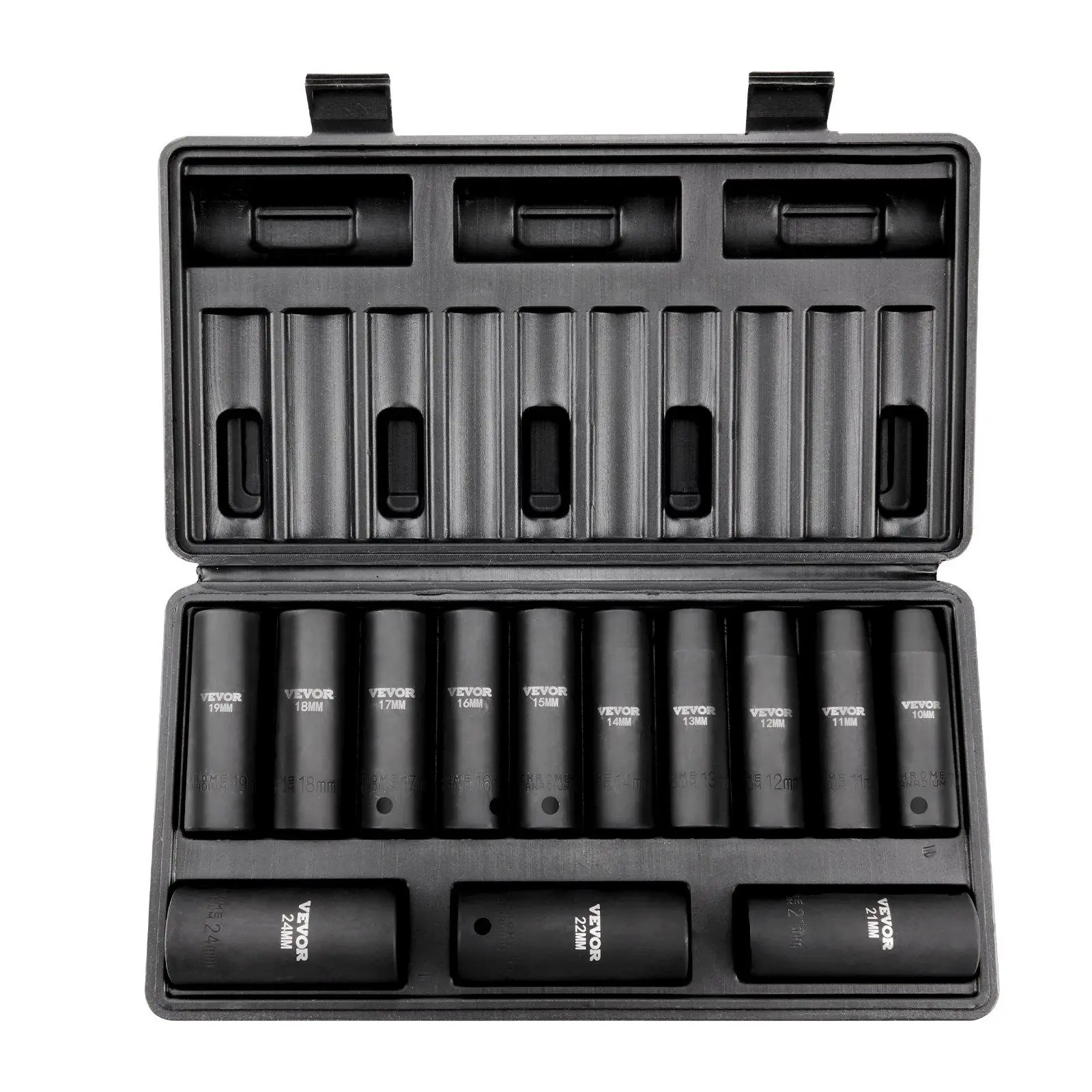 【Summerfinds】VEVOR 1/2" Drive Impact Socket Set, 13 Piece Deep Socket Set Metric 10-24mm, 6 Point CR-V Alloy Steel for Auto Repair, Easy-to-Read Size Markings, Rugged Construction, Includes Storage Case