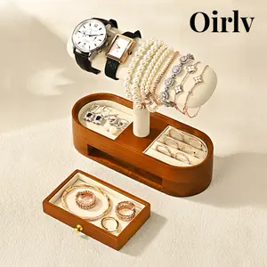 Oirlv Solid Wood Watch Stand with Drawer T-bar Watch Holder Organizer for Men and Women Showcase Bracelet Bangle Jewelry Display Stand Rings Earrings Necklace Storage(Drawer,Grey)