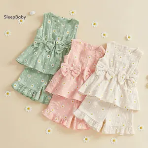Toddler Girl Summer 2Pcs Outfits Daisy Dot Print Two Bowknot Sleeveless Tank Tops Elastic Waist Shorts  Clothes Set Girls' Sweatshirt and Shorts Set