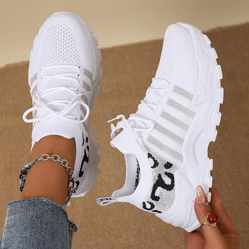 Women's Leopard Print Athletic Wear Sneakers, Breathable Mesh Low-Top Running Trainers with Lace-Up Closure, Comfortable Casual Footwear (Black, White, Red, Beige, Green, Yellow, Blue)