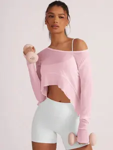 Activina Solid Color Asymmetric Neckline Sheer Long Sleeve Sports T-Shirt