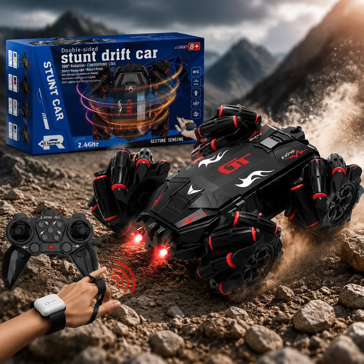 4WD Gesture Sensing Dual-Mode Off-Road Crawler RC Tank Toy with Built-in Cells, All-Terrain Rechargeable RC Stunt Car, Popular Birthday/Christmas Gift for Boys Ages 6+