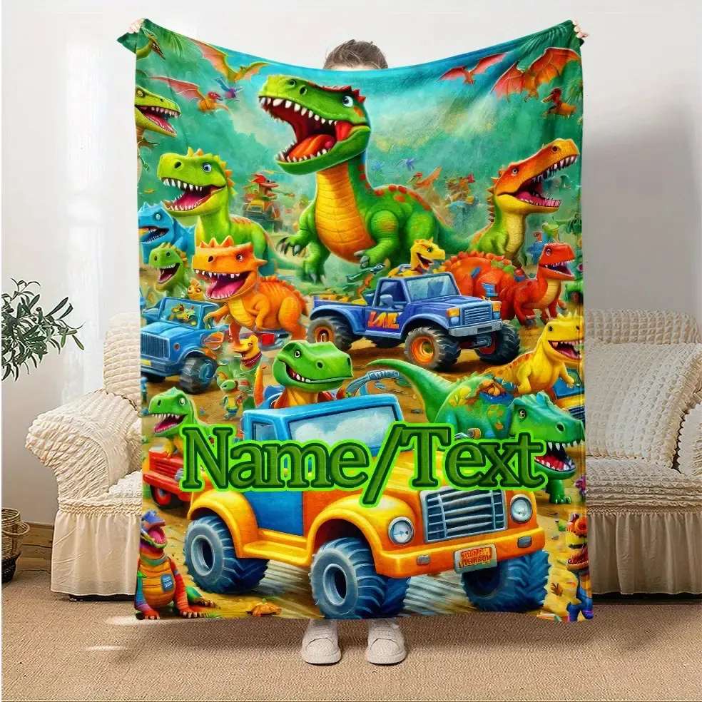 Customized 3D Dinosaur Park Crochet Blanket - Personalized Name, Vibrant HD Print, Soft Lightweight, Suitable for Home-Camping Use, Ideal Gift for Dinosaur Enthusiasts