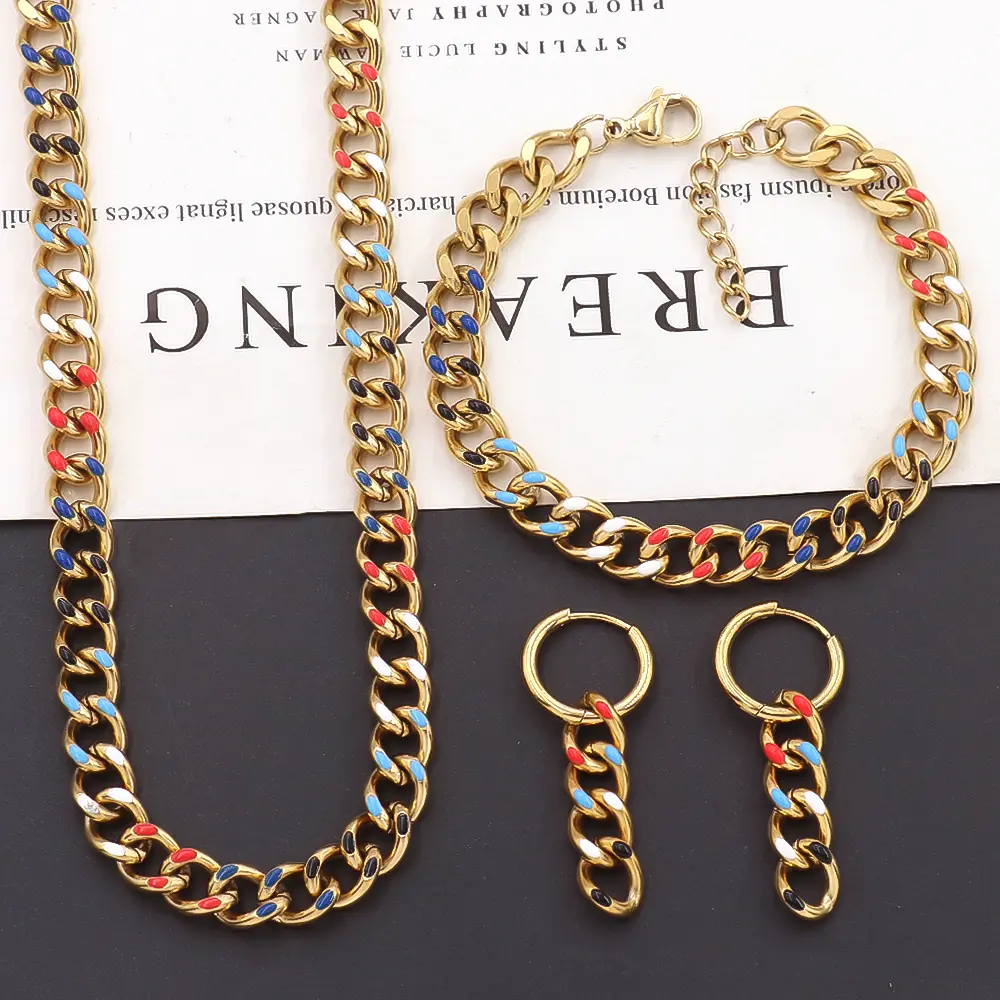 Joyas Inspiradas Dripping Oil Cuba Link Chain Luxury Jewelry Colorful Stainless Steel Bracelets Earrings Necklace Set for Women