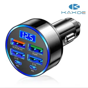 6 IN 1 Super Car Charger Adapter Mobile Phone USB PD Type C Cable For iPhone Fast Charge Cord Cigarette Lighter QC Display LED