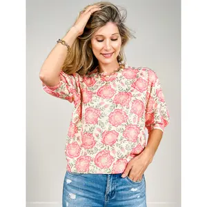 Flower Printed Puff Sleeves Knit Top