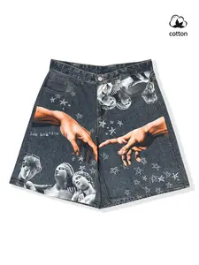 Casual fashion streetwear jean 2K style loose fit men's button denim shorts, featuring star print design, perfectly suitable for casual and daily wear
